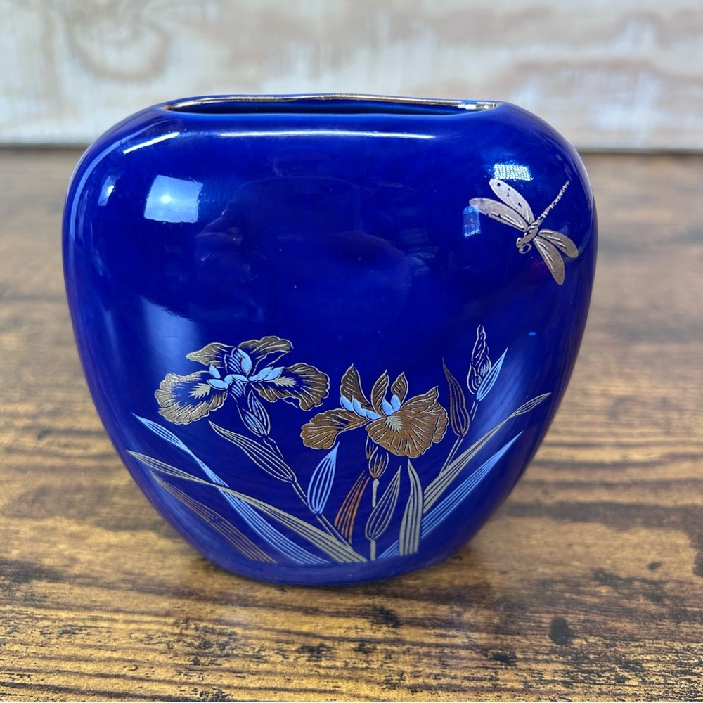Vintage cobalt blue small Japan made vase dragonfly flowers gold tone rim